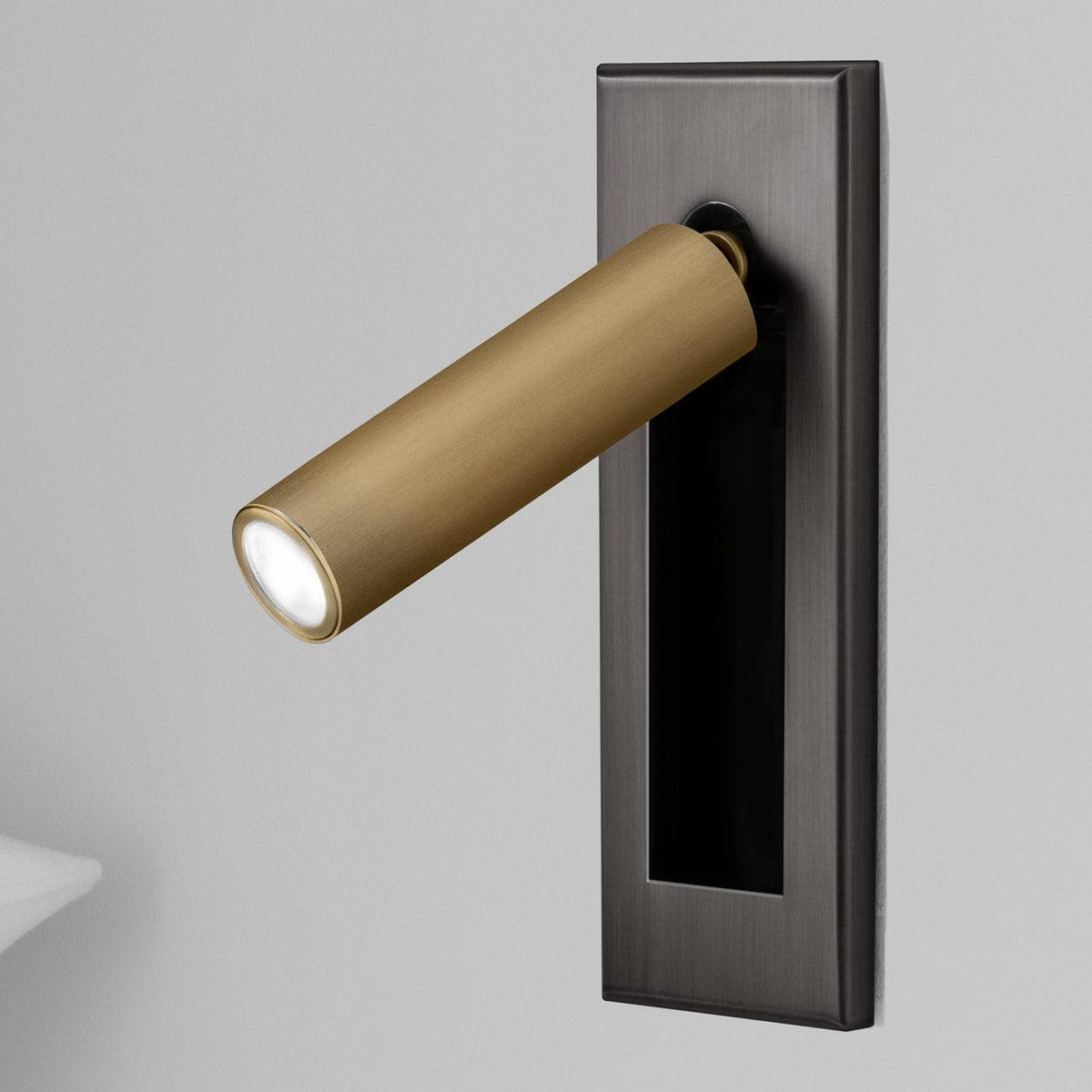 Recessed folding bedside wall sconce with warm LED, brass cylinder on plate Moktan Sabai on Tampa Home & Garden Store