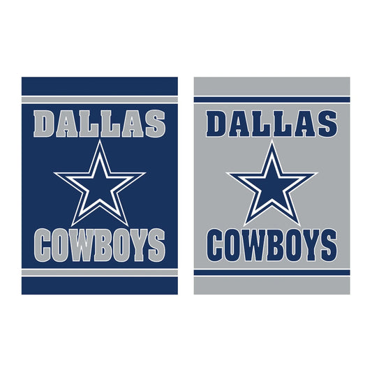 Two embossed suede flags Dallas Cowboys by Evergreen in navy blue and gray with star on Tampa Home & Garden Store