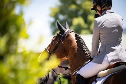 Grand Prix Ladies EQJ 3 Button Show Coat cadet blue Huntley Equestrian rider on horse on Tampa Home & Garden Store