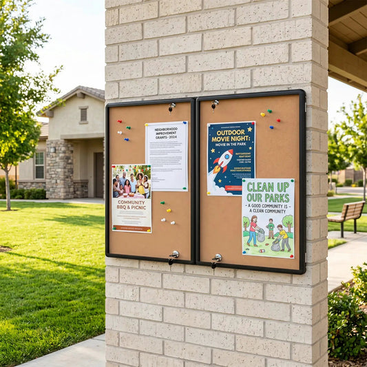 Enclosed bulletin boards with aluminum frames, twin tan cork panels on a brick pillar DirectDeals on Tampa Home & Garden Store