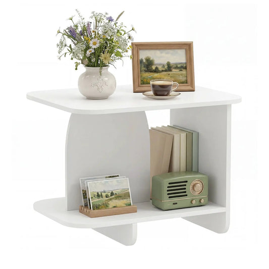 End Table 2-Tier Sofa Side Table white with curved supports; top vase and framed art, lower shelf with books and a green retro radio DirectDeals on Tampa Home & Garden Store