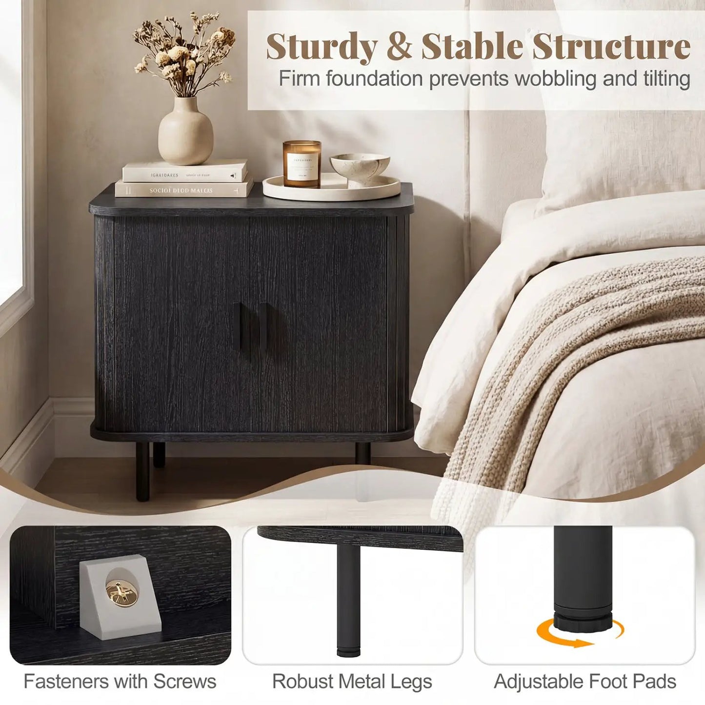 End Table Nightstand With Sliding Tambour Doors