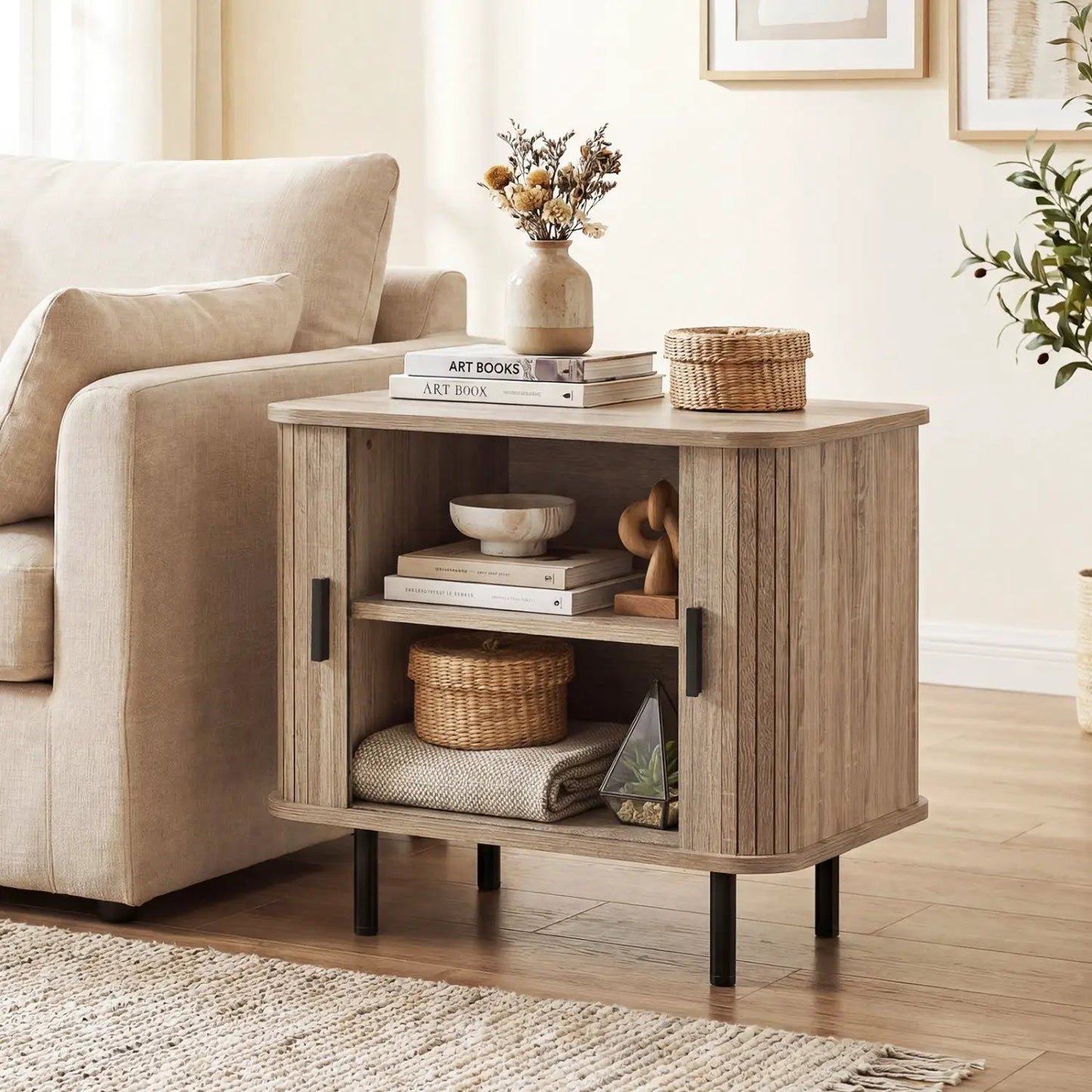 End Table Nightstand With Sliding Tambour Doors
