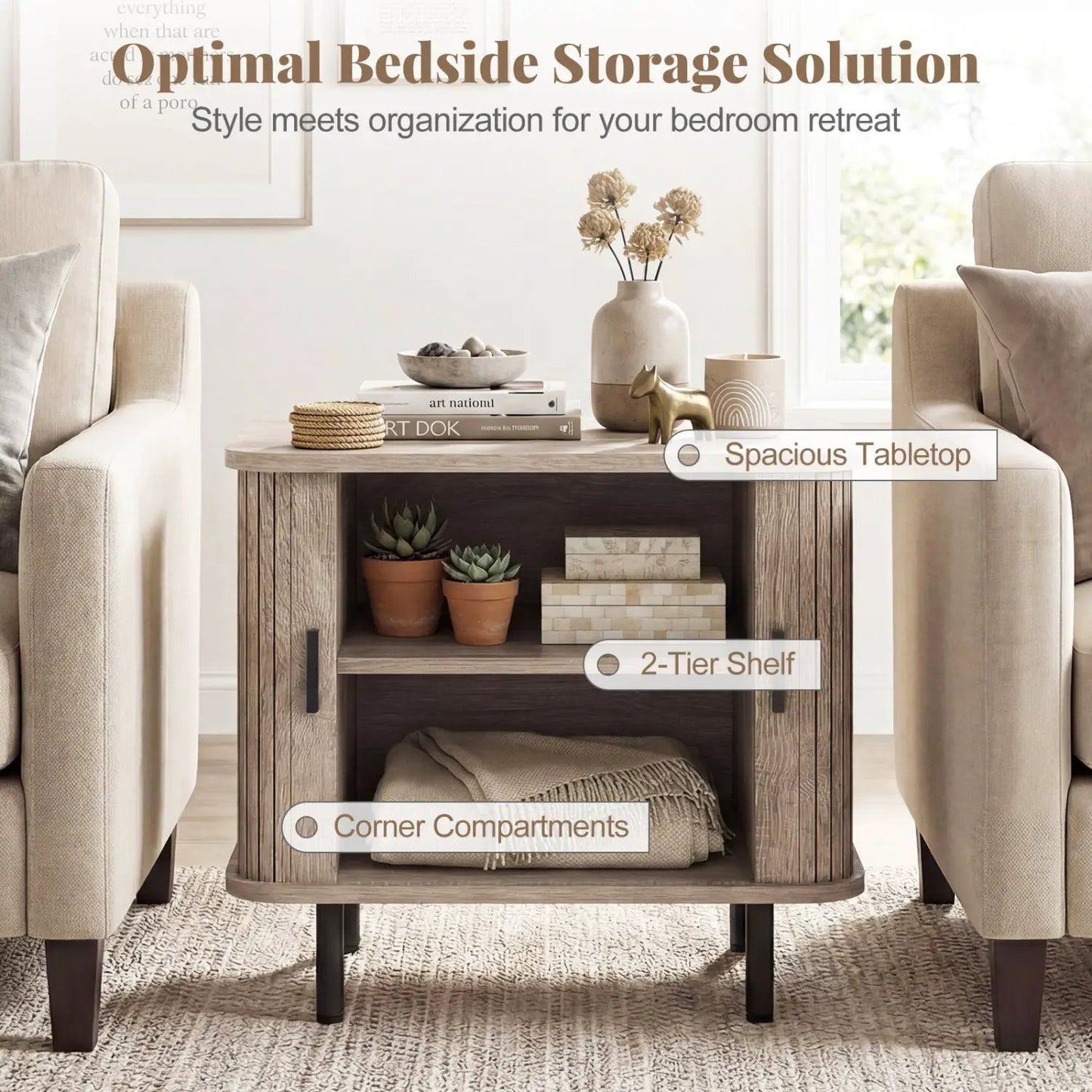 End Table Nightstand With Sliding Tambour Doors