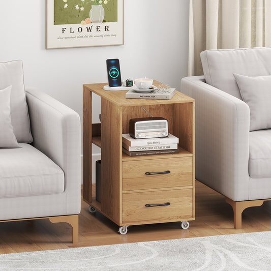 End Table with Built-in Charging Station Sofa Side Bedside Table on Wheels - Tampa Home & Garden Store