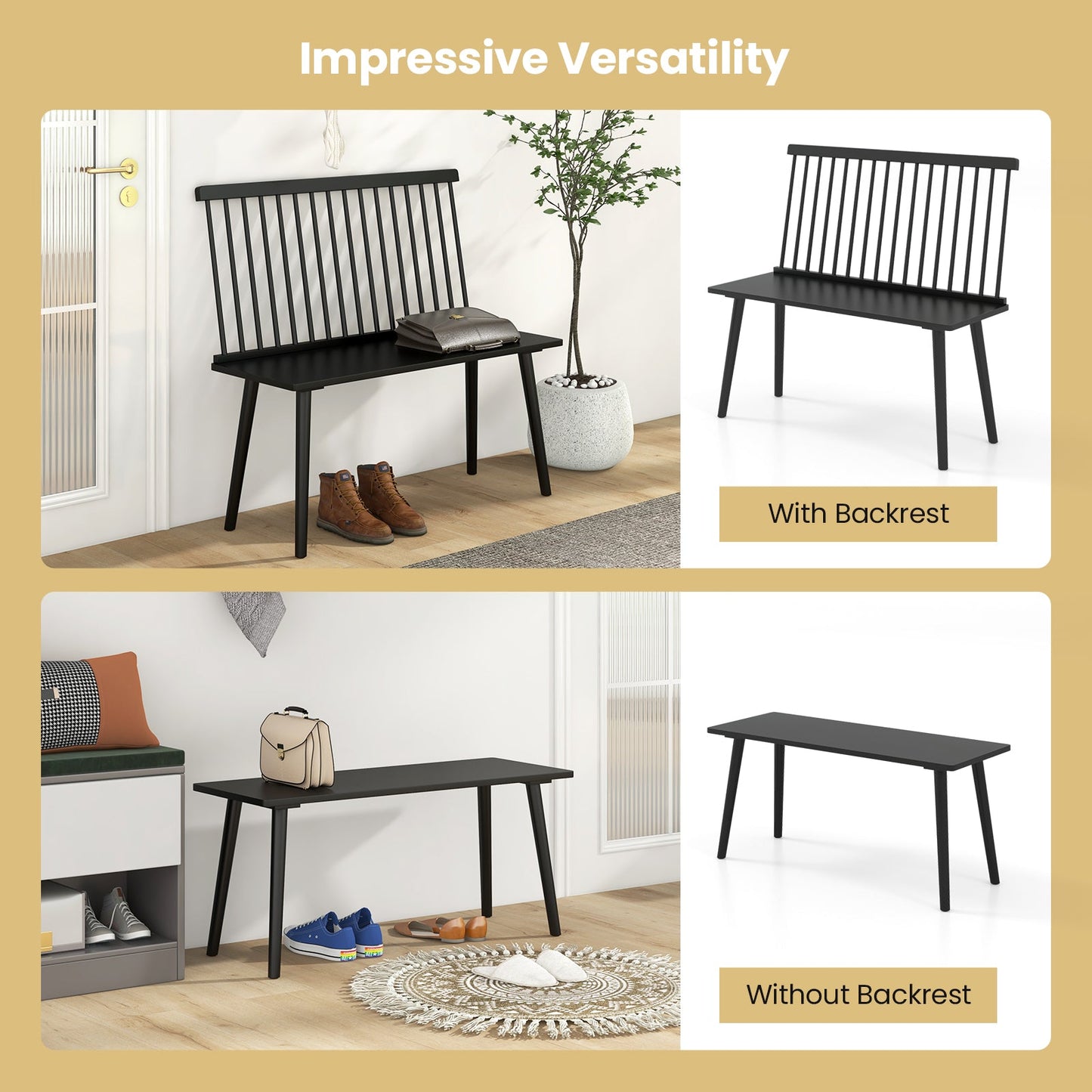 Entryway Bench for 2 with Spindle Back for Kitchen Dining Room Hallway-Black
