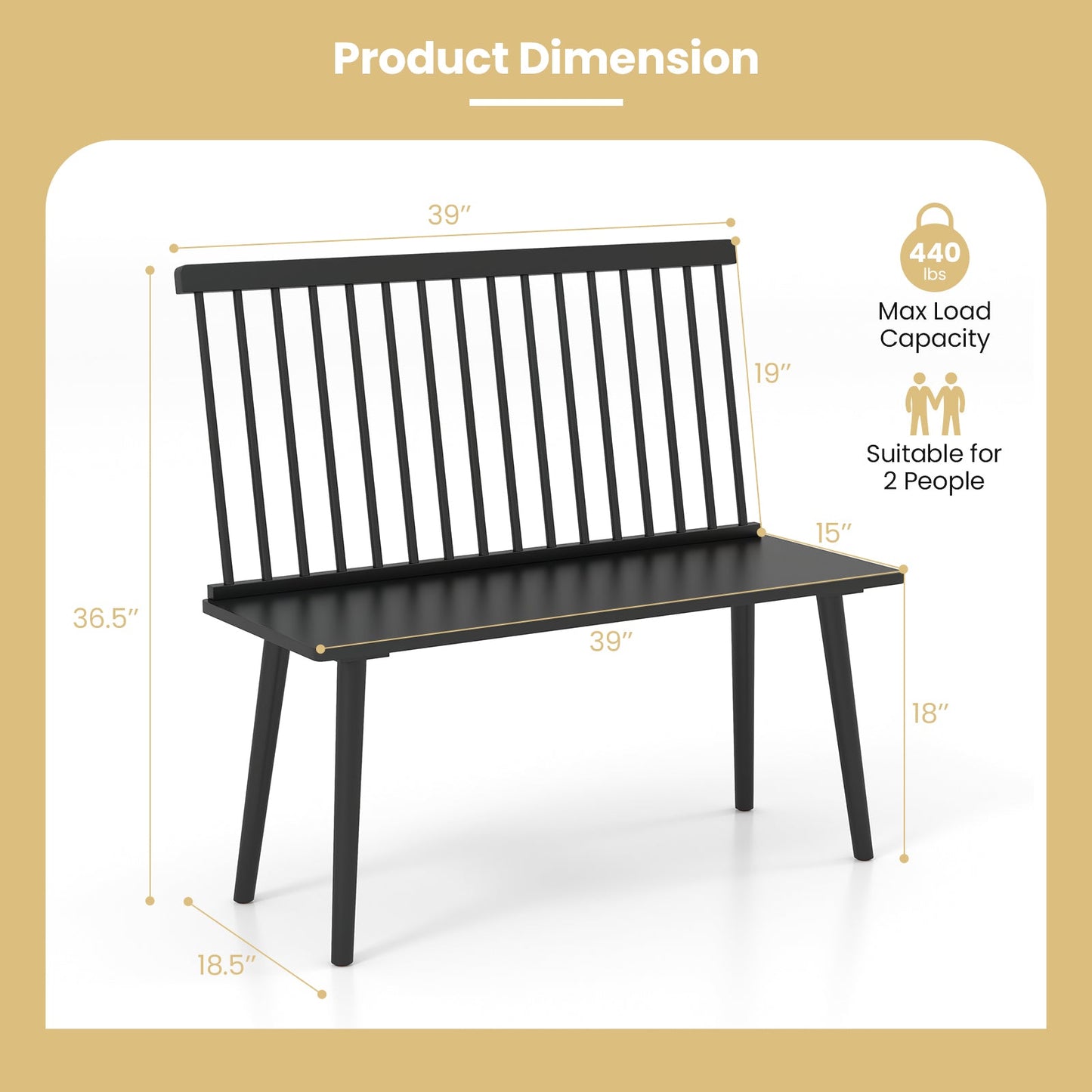 Entryway Bench for 2 with Spindle Back for Kitchen Dining Room Hallway-Black