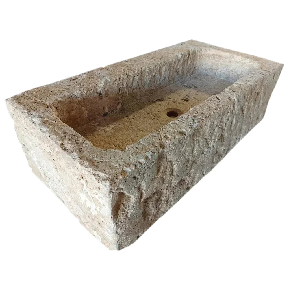 Lavabo de pared para exterior de estilo rústico antiguo de travertino claro Ephesus (ancho: 45 cm, largo: 71 cm, alto: 20 cm)