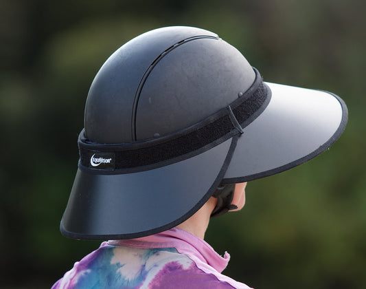EquiVisor Sport Complete sun visor on a dark helmet with wide brim and Velcro strap logo visible on Tampa Home & Garden Store