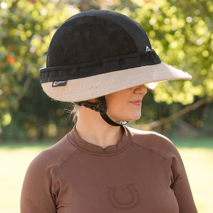 EquiVisor Original Shorty 3 sun visor with beige brim and black crown worn by a model, logo tag on Tampa Home & Garden Store