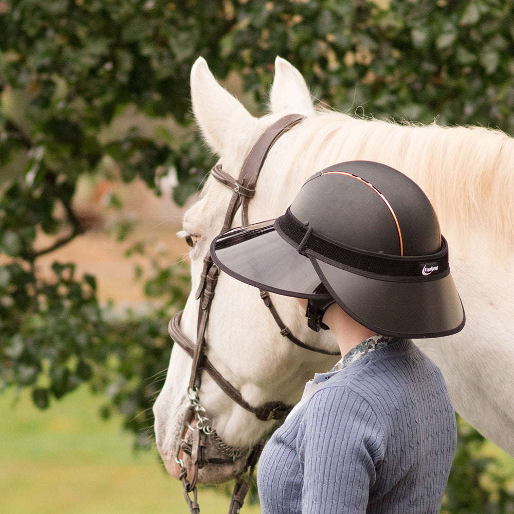 EquiVisor Sport Vue Complete 4.5 sun visor on rider near horse, clear shield on Tampa Home & Garden Store