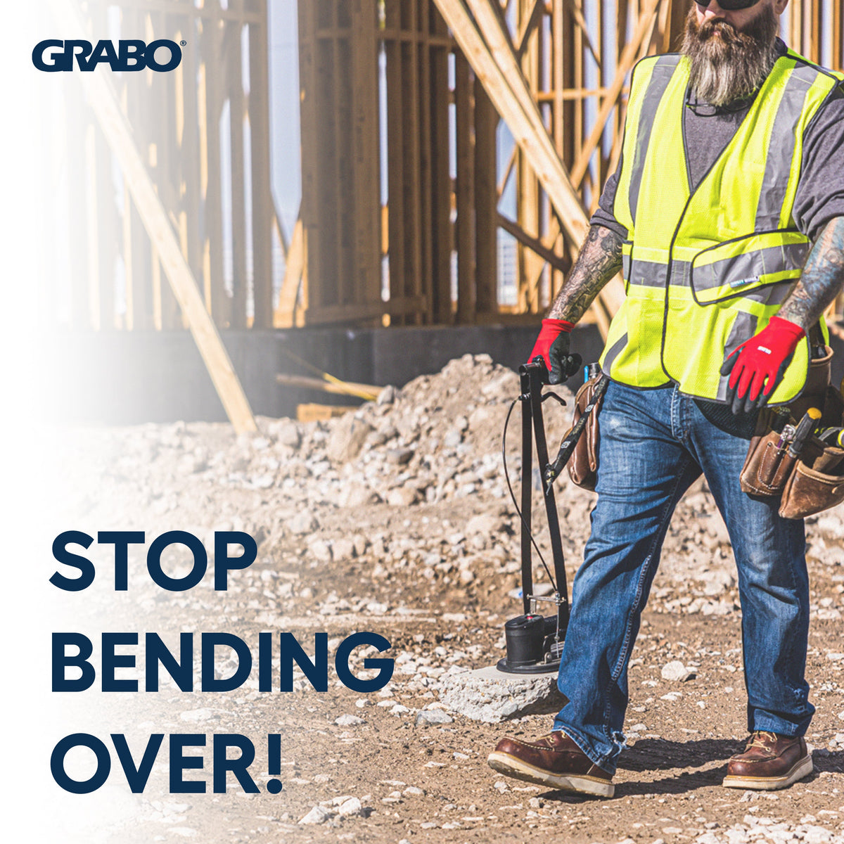 ERGUO S1 Ergonomic Extension Arm ad; GRABO logo, worker in hi viz vest at a construction site on Tampa Home & Garden Store