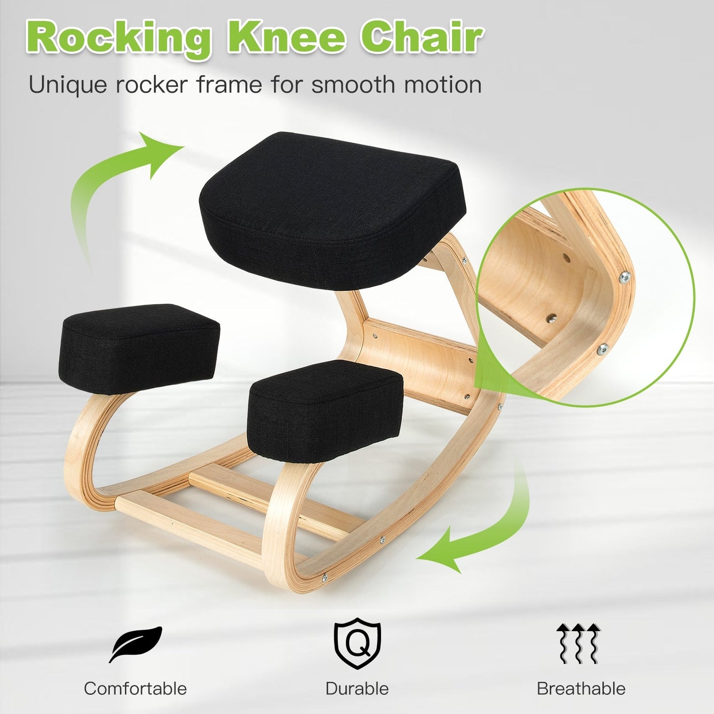 Silla ergonómica de rodillas, mecedora, taburete de oficina, postura recta - Negro