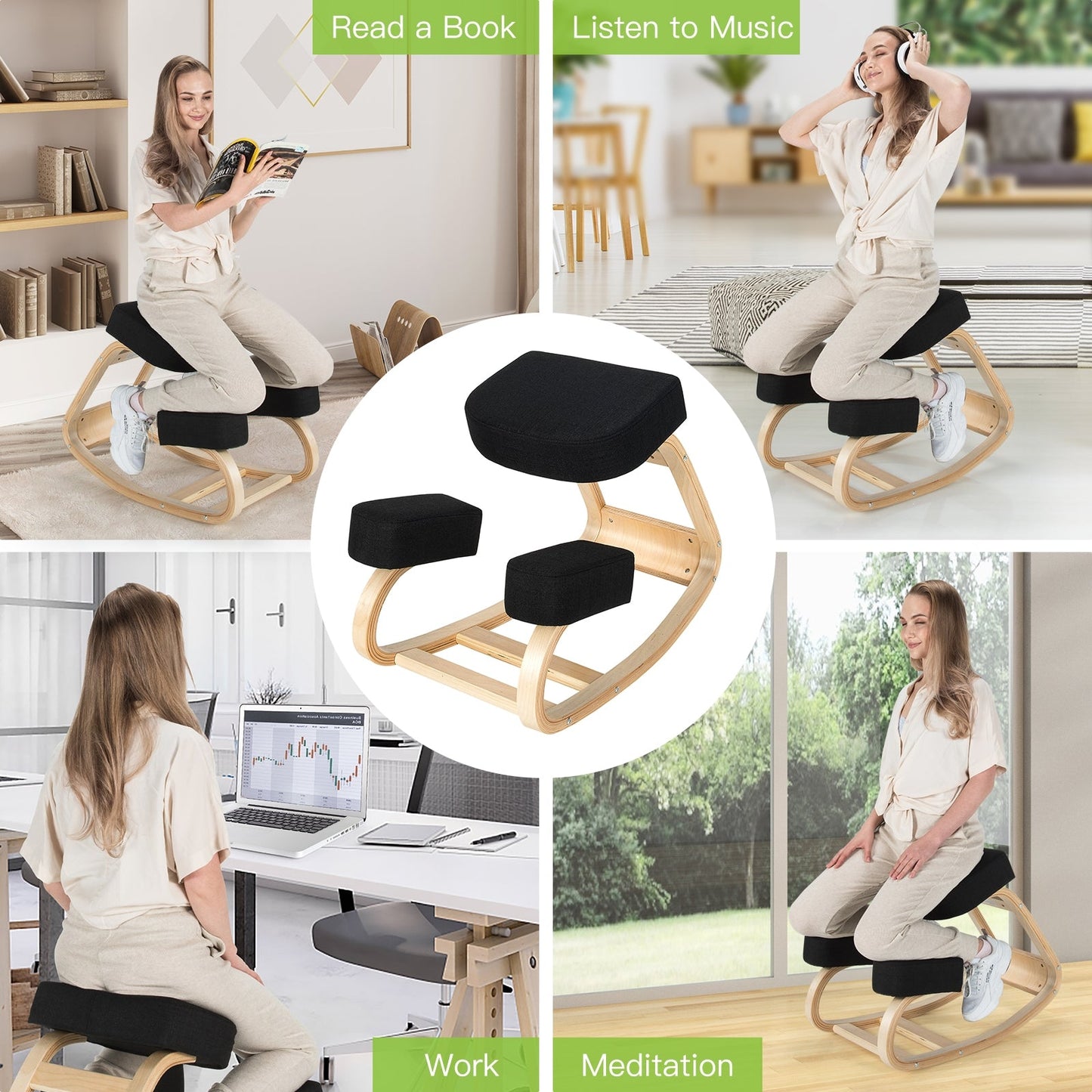 Silla ergonómica de rodillas, mecedora, taburete de oficina, postura recta - Negro