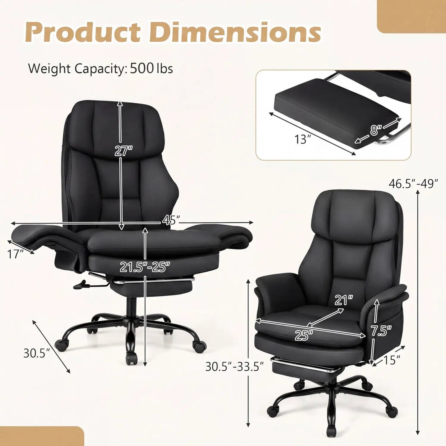 Big and Tall Office Chair with Footrest 500 lbs