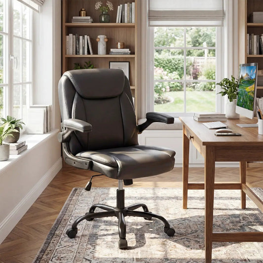 Ergonomic leather office chair with flip-up armrests and rocking function in black on Tampa Home & Garden Store