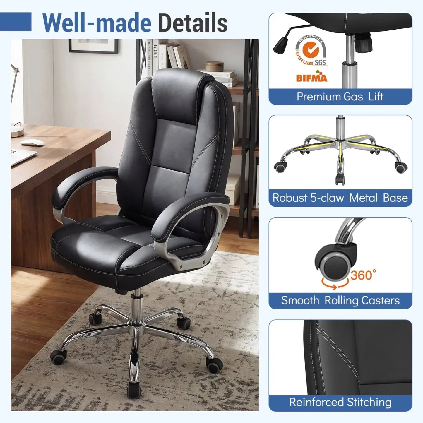 Ergonomic Leather Office Chair With Armrests