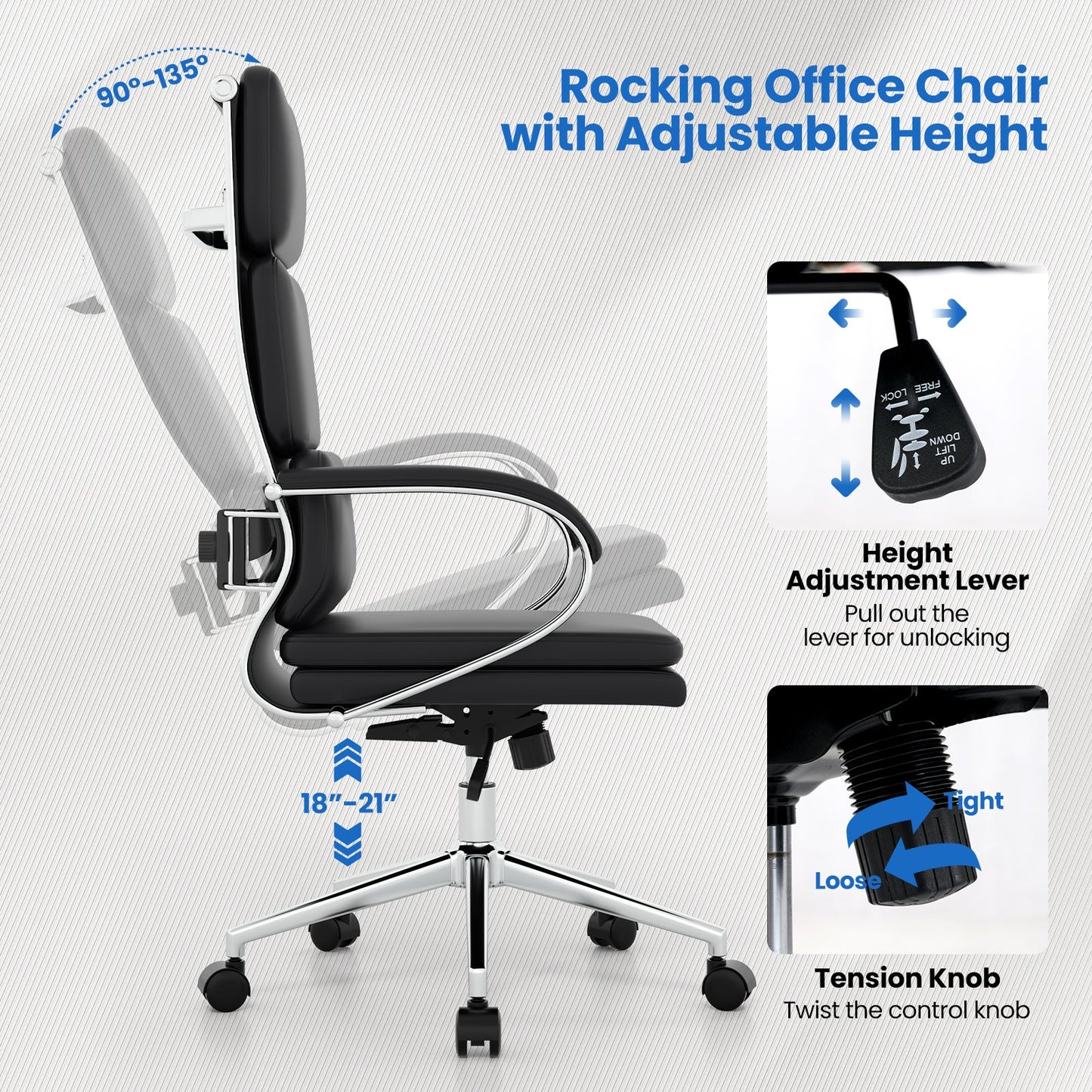 Silla ergonómica de oficina de piel con altura ajustable y función de balanceo - Negra