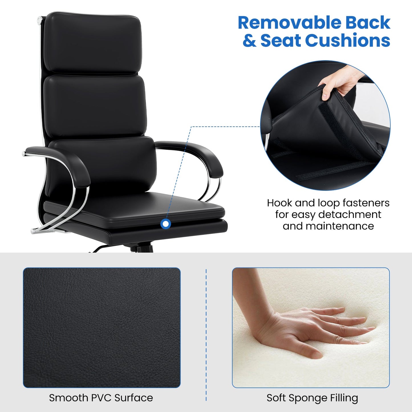 Silla ergonómica de oficina de piel con altura ajustable y función de balanceo - Negra