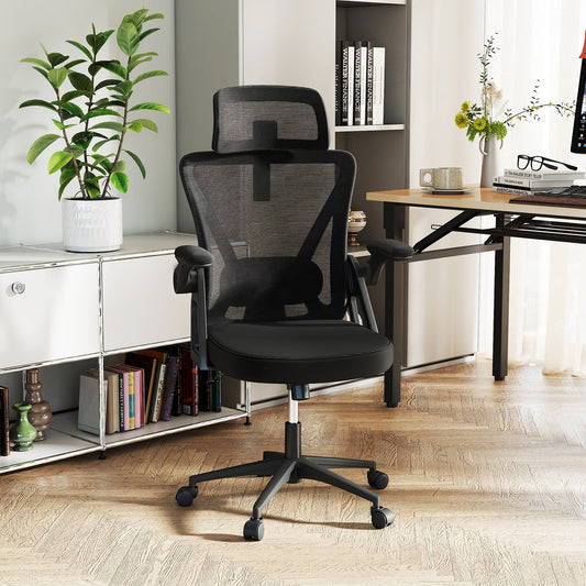 Ergonomic Mesh Office Chair with Adjustable Lumbar Support and Flip-up Armrests-Black - Tampa Home & Garden Store