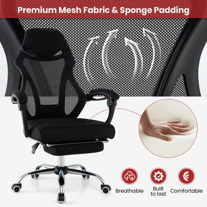 Silla de oficina ergonómica de malla con reposapiés y respaldo reclinable - Negro