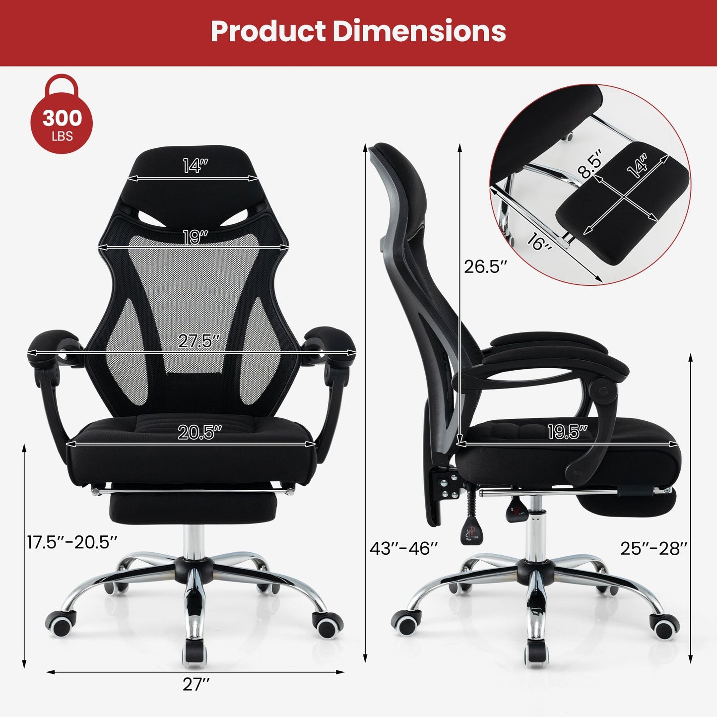 Silla de oficina ergonómica de malla con reposapiés y respaldo reclinable - Negro