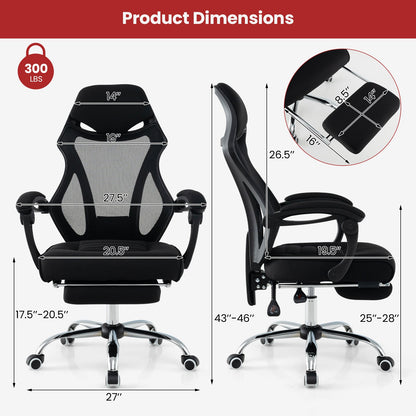 Silla de oficina ergonómica de malla con reposapiés y respaldo reclinable - Negro