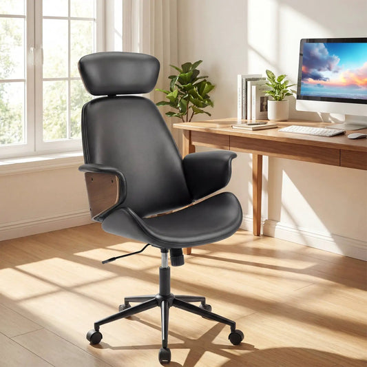 Ergonomic black office chair with headrest, adjustable height, leather seat for home office on Tampa Home & Garden Store