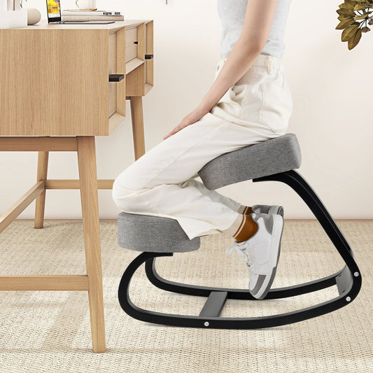 Wooden Ergonomic Backless Rocking Kneeling Chair with Padded Cushion-Gray - Tampa Home & Garden Store