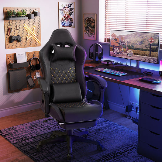 Ergonomic Video Game Computer Chair with Headrest and Lumbar Pillow-Black - Tampa Home & Garden Store