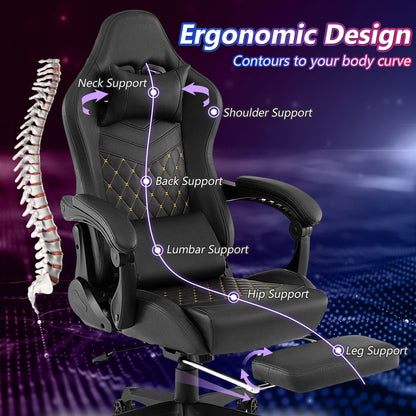 Silla de computadora ergonómica para videojuegos con reposacabezas y almohada lumbar, color negro
