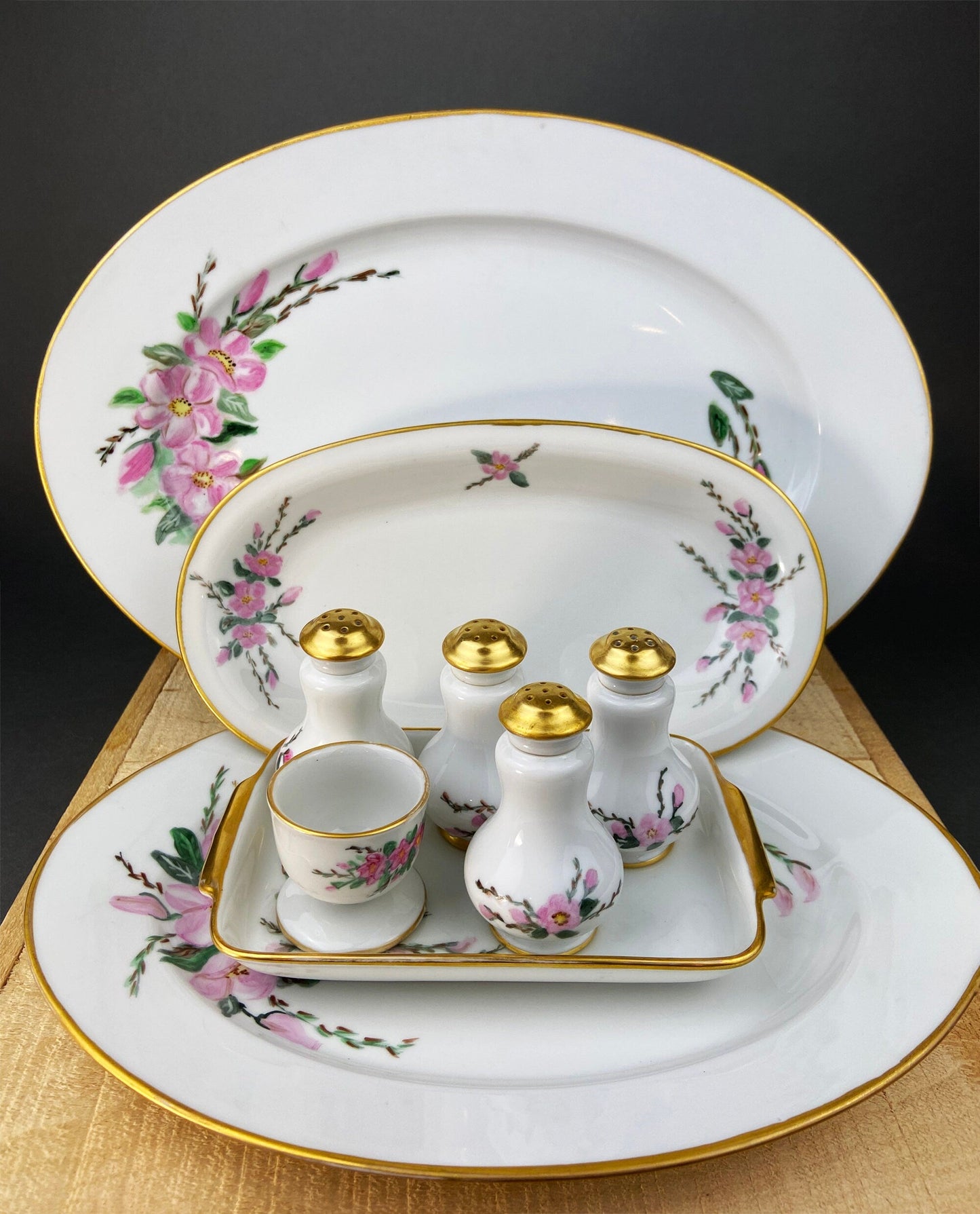 Eschenbach Baronet China Serving Set. Sauce Boat, Three Oval Platters, Egg Cup and Four Shakers with Tray. Germany. Holiday Celebration. - Tampa Home & Garden Store