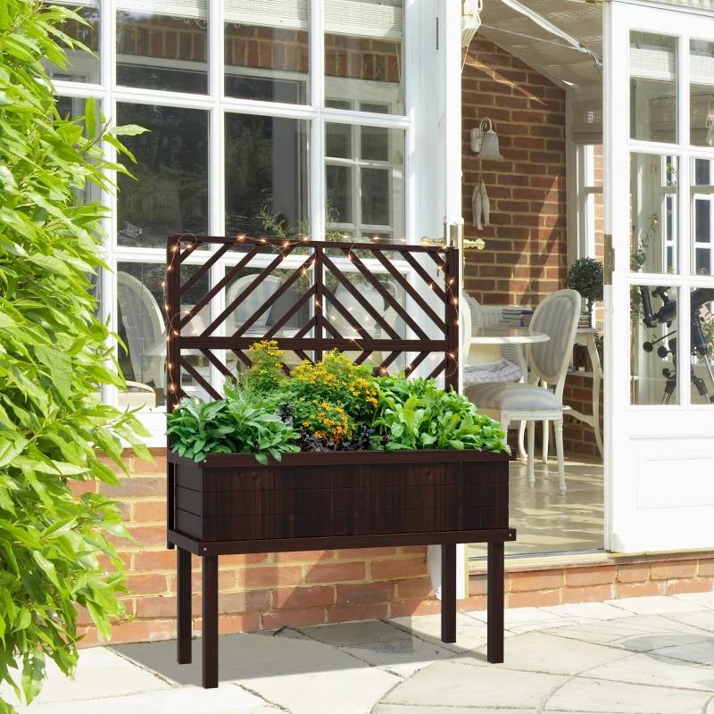 Espresso Fir Wood Elevated Raised Garden Bed With Stylish Climbing Trellis - Tampa Home & Garden Store