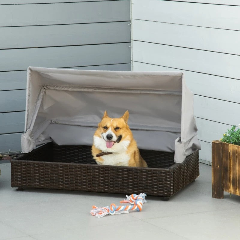 Espresso Wicker Foldable Canopy Raised Dog Bed House with 2 in Thick Cushion - Tampa Home & Garden Store