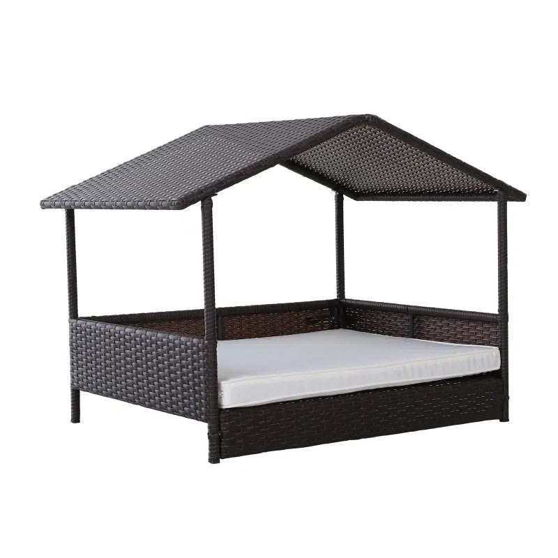 Espresso Wicker Weather Resistant Raised Dog Bed House with 2 in Thick Cushion - Tampa Home & Garden Store