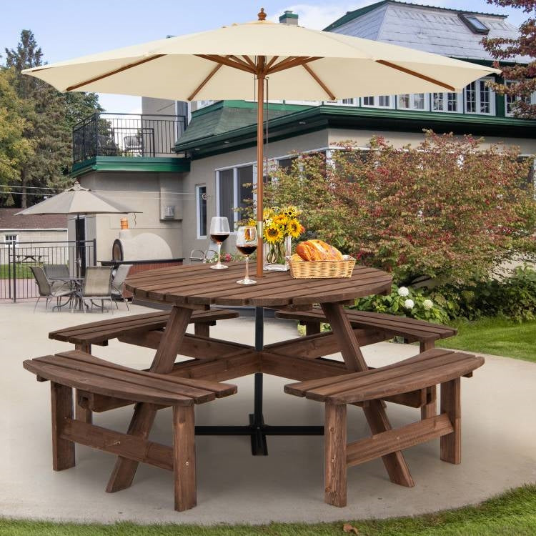 Espresso Wooden 8 Seater Picnic Table Umbrella Hole - Tampa Home & Garden Store
