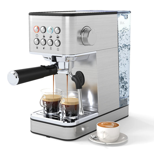Cafetera Espresso de 20 Bares, Compacta, de Acero Inoxidable, con Espumador de Leche - Plateada