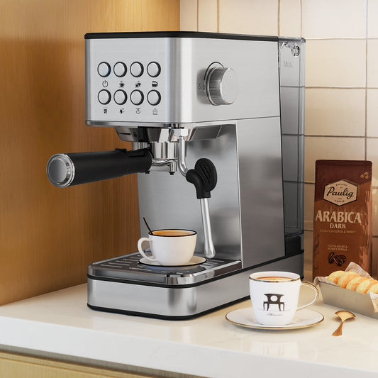 Cafetera Espresso de 20 Bares, Compacta, de Acero Inoxidable, con Espumador de Leche - Plateada