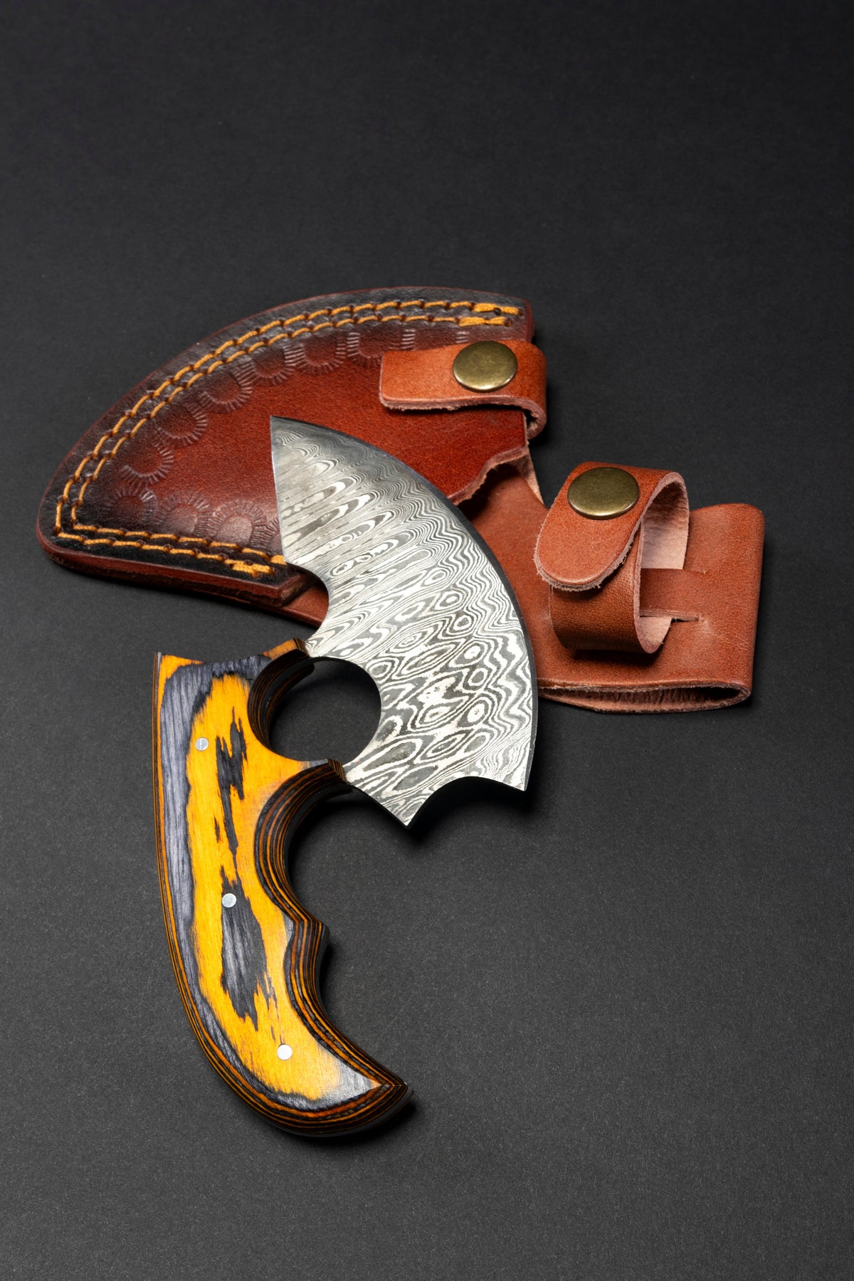 Titan Damascus ulu knife with swirl blade and orange wood handle in leather sheath on Tampa Home & Garden Store