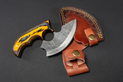 Titan Custom Alaskan Ulu knife with Damascus blade and orange handle in leather sheath on Tampa Home & Garden Store