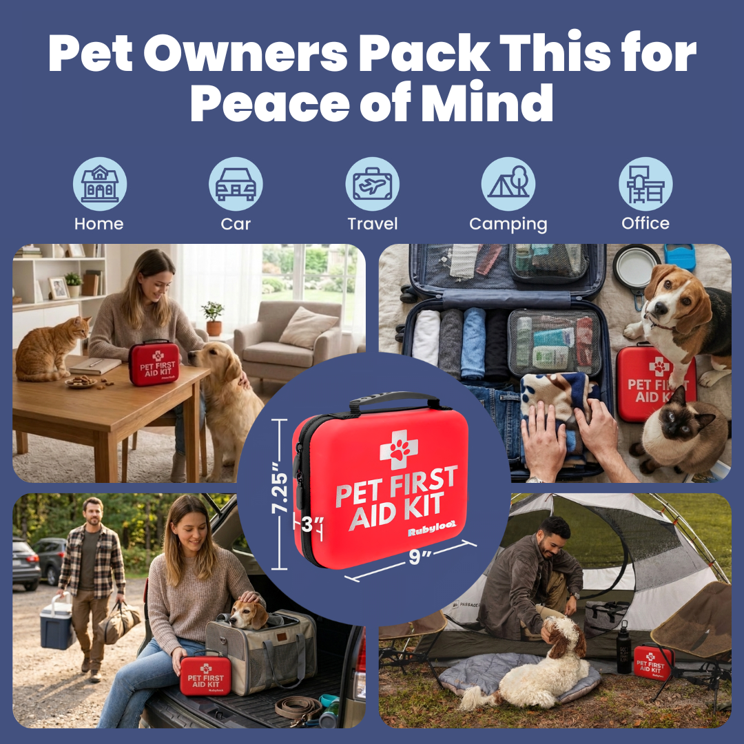 Rubyloo Pet First Aid Kit for dogs & cats in red case with white label, travel first aid kit on Tampa Home & Garden Store