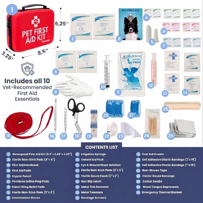 Rubyloo Pet First Aid Kit in red travel case with vet-approved essentials for dogs & cats on Tampa Home & Garden Store