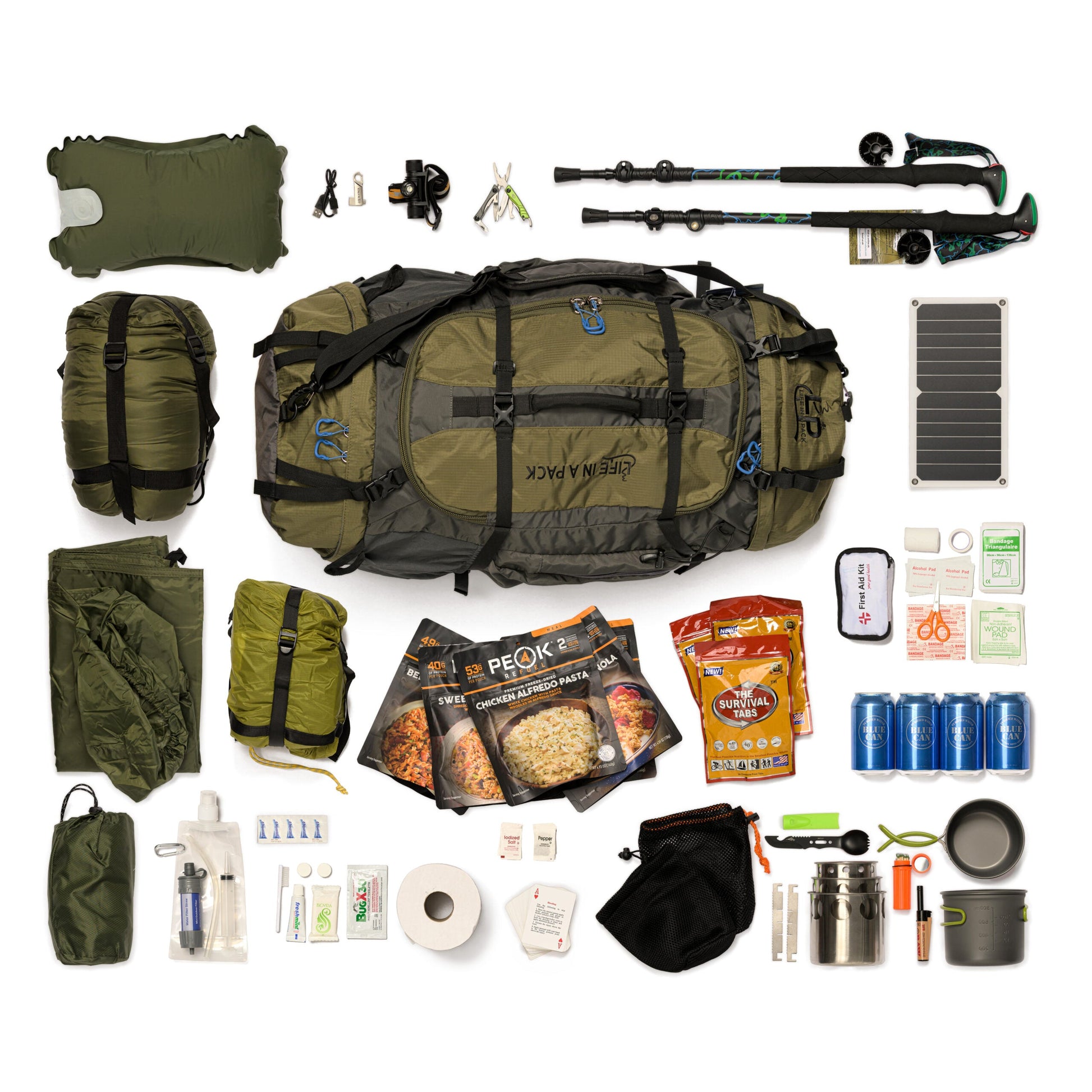 LifePack Backpacking Kit by River Country Gear with olive pack, 2 trekking poles, solar panel on Tampa Home & Garden Store