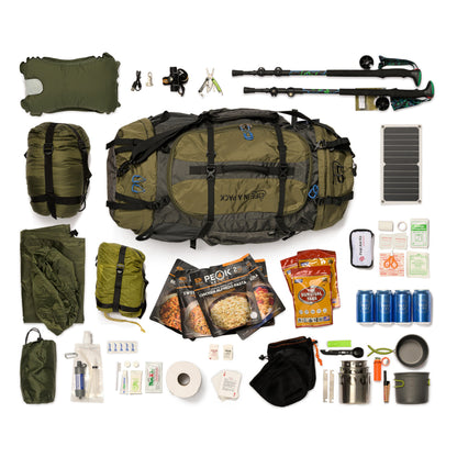 LifePack Backpacking Kit by River Country Gear with olive pack, 2 trekking poles, solar panel on Tampa Home & Garden Store