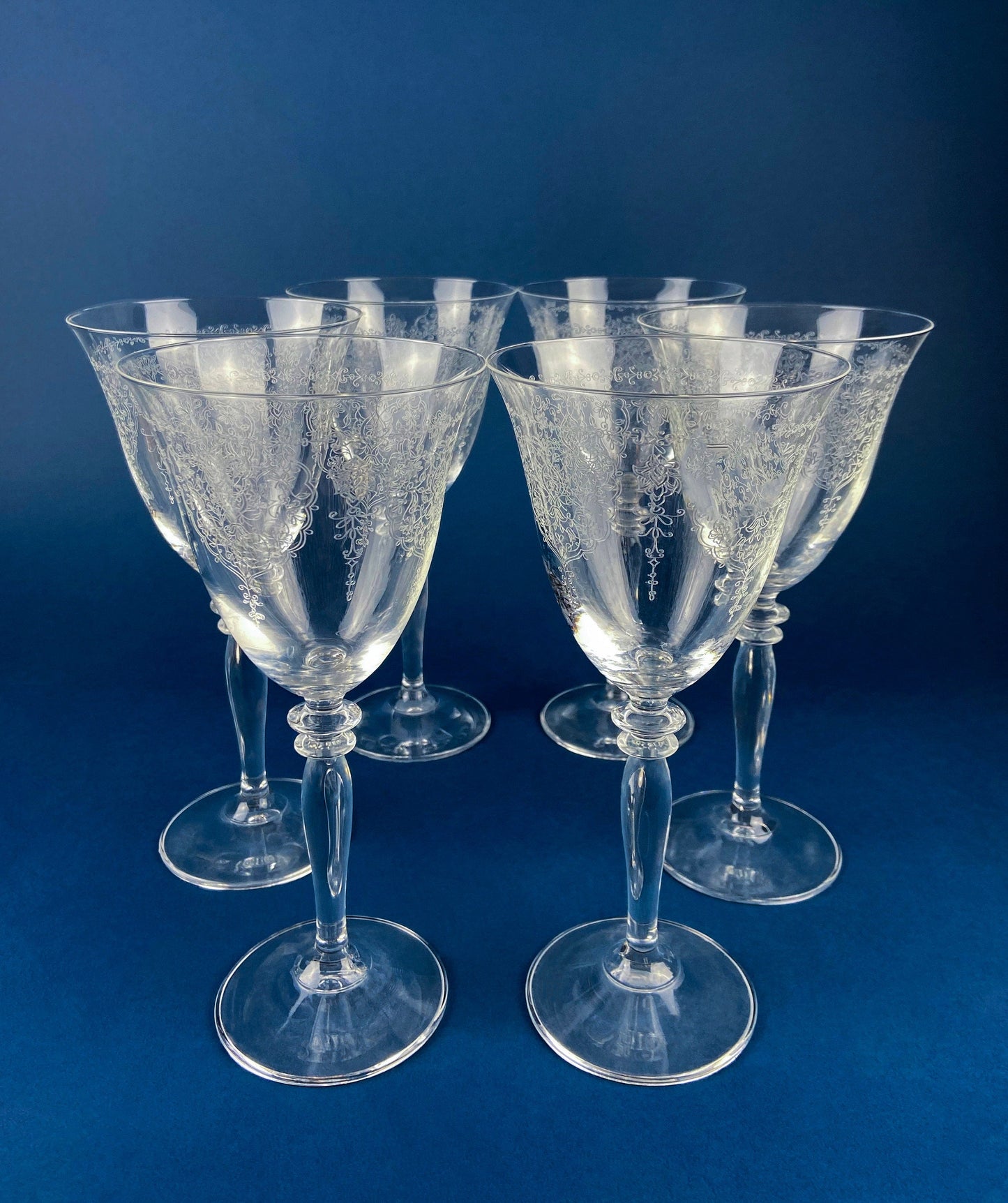 Etched Crystal Large Goblets. Set of 6 Oversized, Wine or Water Glassware. Persian Motif with Lotus. Collectible Stemware. - Tampa Home & Garden Store