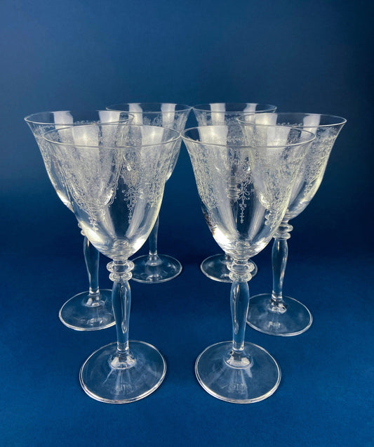 Etched Crystal Large Goblets. Set of 6 Oversized, Wine or Water Glassware. Persian Motif with Lotus. Collectible Stemware. - Tampa Home & Garden Store