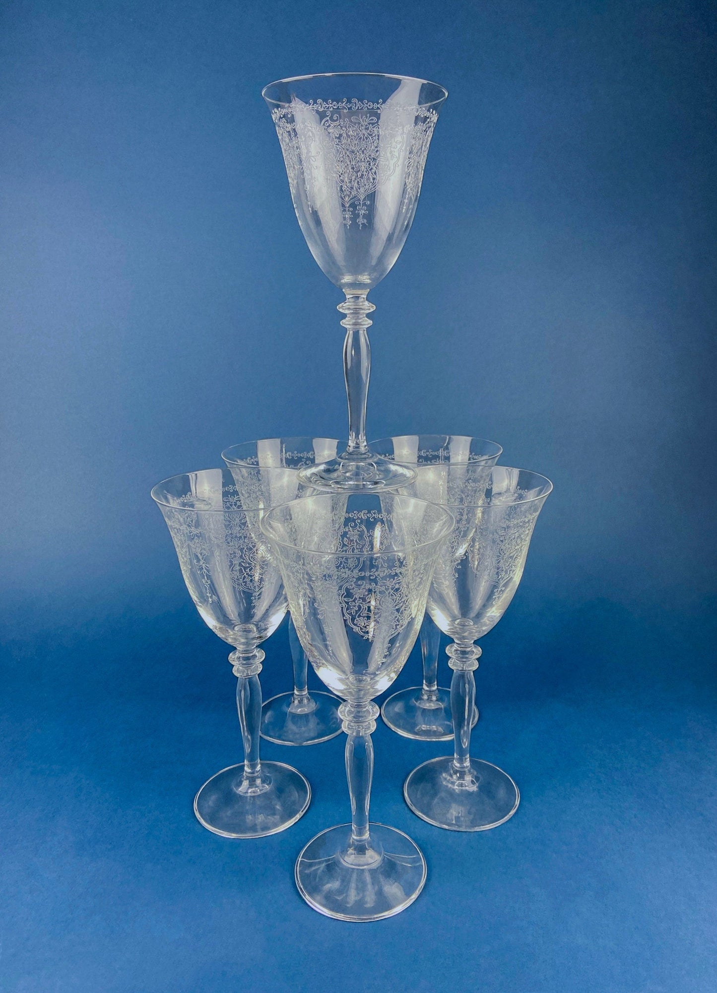 Etched Crystal Large Goblets. Set of 6 Oversized, Wine or Water Glassware. Persian Motif with Lotus. Collectible Stemware. - Tampa Home & Garden Store