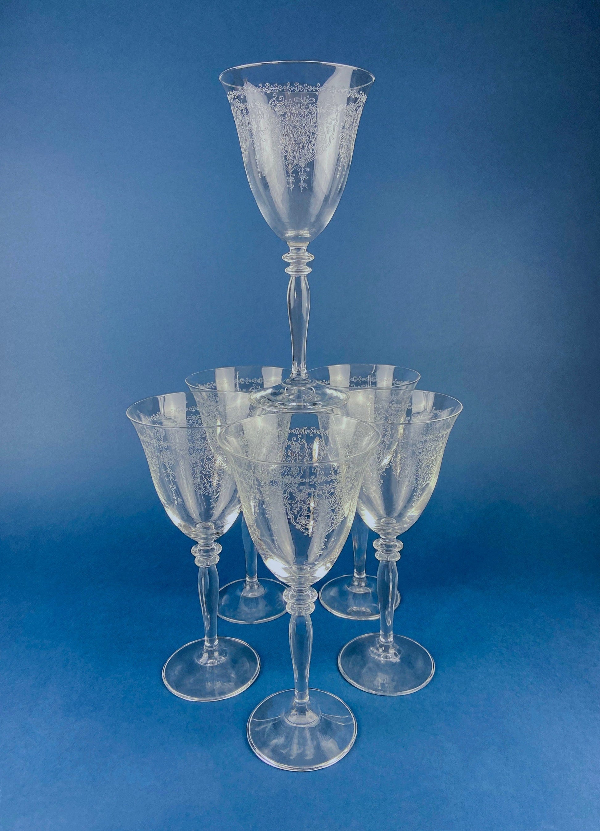Etched Crystal Large Goblets. Set of 6 Oversized, Wine or Water Glassware. Persian Motif with Lotus. Collectible Stemware. - Tampa Home & Garden Store