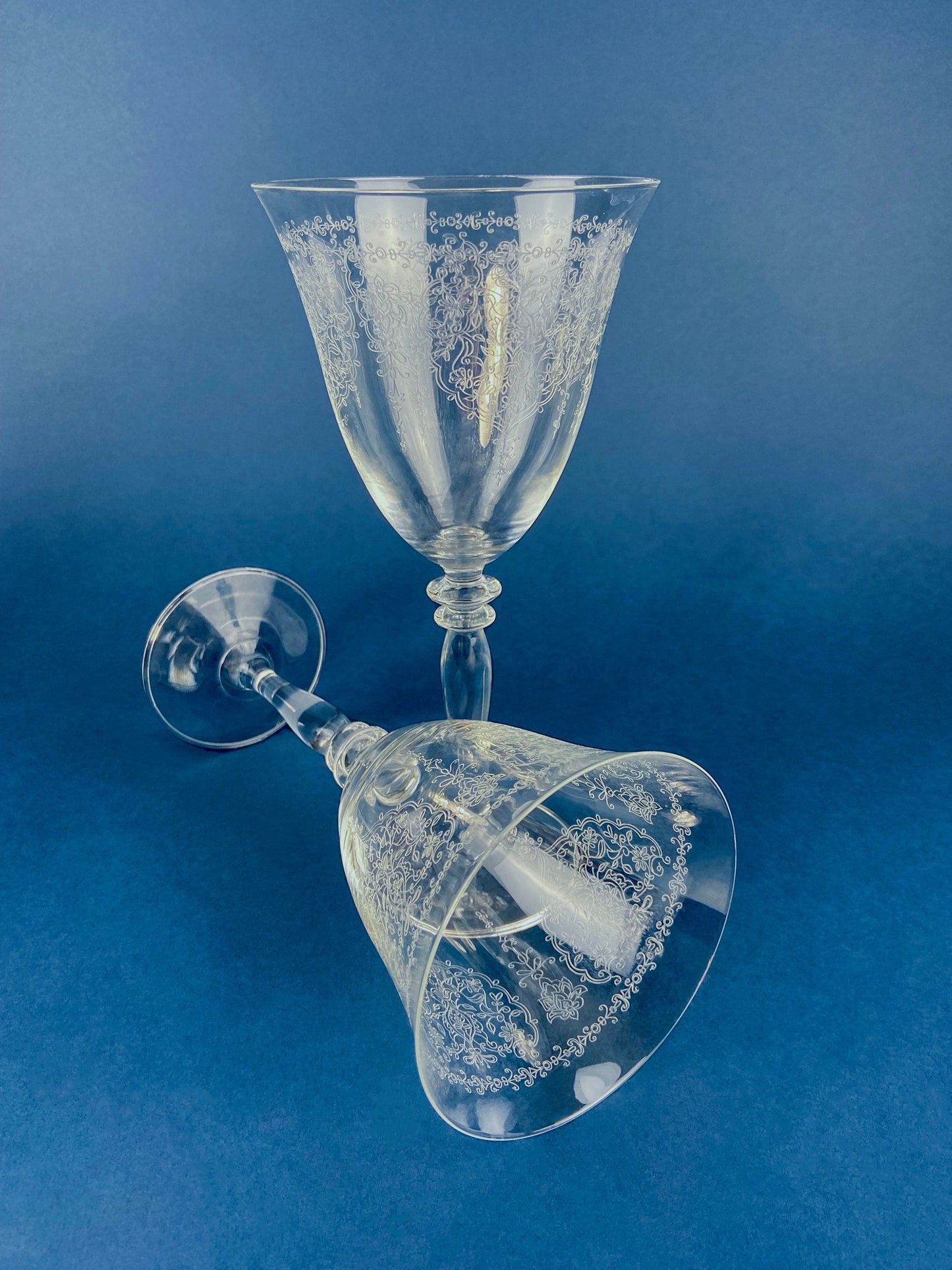 Etched Crystal Large Goblets. Set of 6 Oversized, Wine or Water Glassware. Persian Motif with Lotus. Collectible Stemware. - Tampa Home & Garden Store