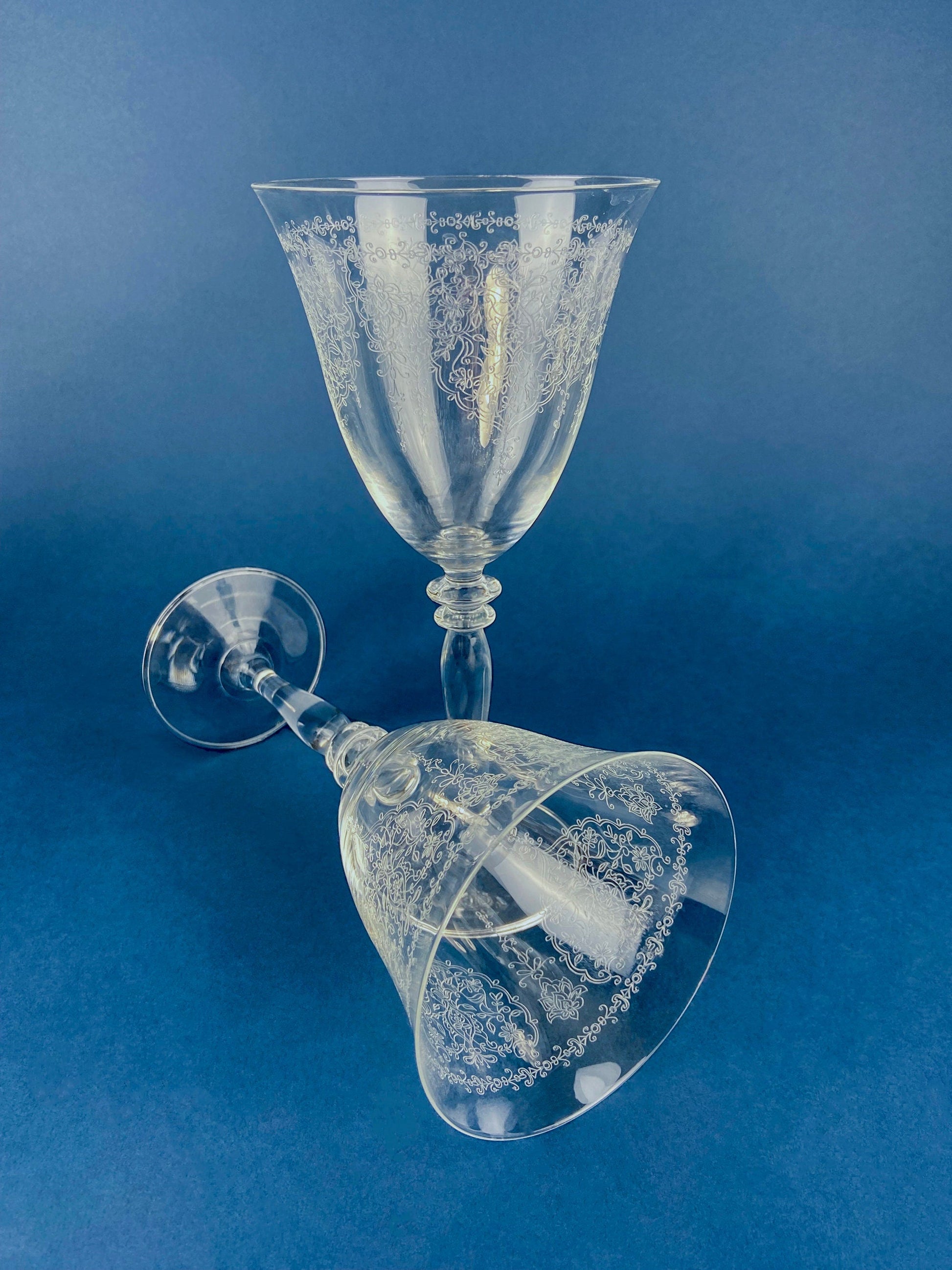 Etched Crystal Large Goblets. Set of 6 Oversized, Wine or Water Glassware. Persian Motif with Lotus. Collectible Stemware. - Tampa Home & Garden Store